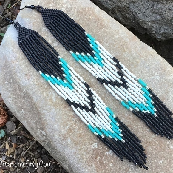 Black and Turquoise Fringed Long Earrings, New, Handmade by Me - Picture 5 of 10
